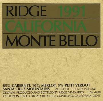 Picture of 1991 Ridge Cabernet Sauvignon Monte Bello