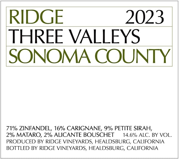 Picture of 2023 Ridge - Zinfandel California Three Valleys (750ml)